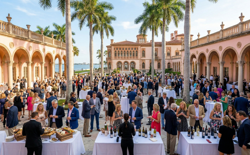 Thousands of well-dressed attendees mingle around tasting tables at the outdoor Forks & Corks Grand Tasting event in The Ringling Museum courtyard. Tall palm trees, the museum's pink arcades, and the historic Cà d'Zan mansion frame the scene under a sunny sky. The atmosphere is upscale, bustling, and vibrant. This image captures the primary weekend event from the text and references the location details shown