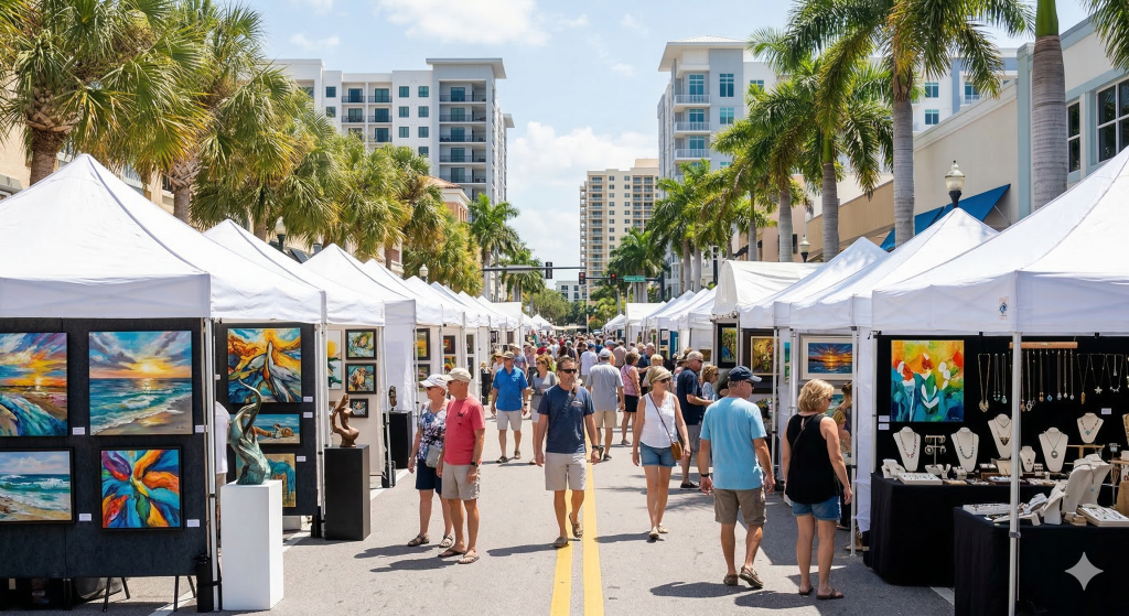 White tents and a large crowd at the Downtown Sarasota Fine Art and Craft Fair on Main Street.