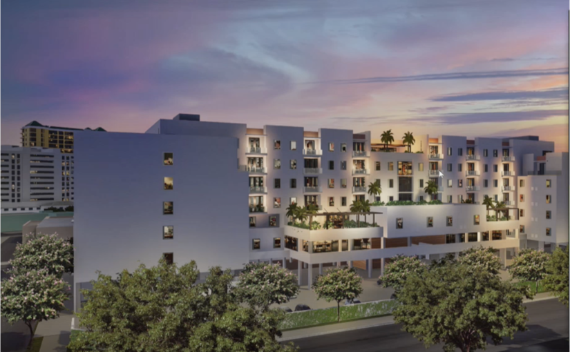 Rendering of The Reserve at South Orange, a modern, multi-story luxury residential building in Sarasota at dusk. The building features white facades, private balconies, a terraced amenity deck with palm trees, and is set against a vibrant purple and orange sunset. A street with leafy trees is in the foreground.