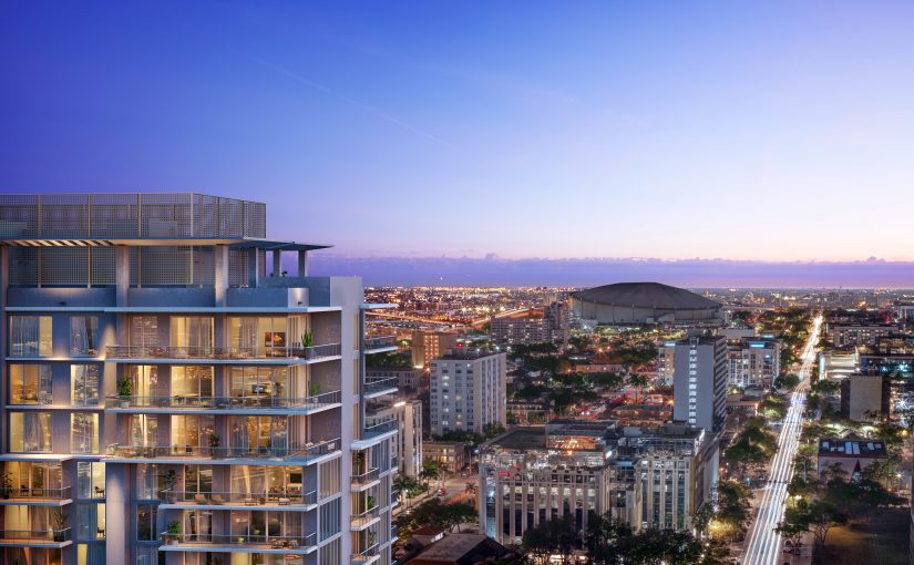 Art House St. Petersburg luxury condo tower 41-story exterior in Downtown St. Pete. A modern glass and steel skyscraper against a blue sky, 90% sold out and move-in ready for 2026.