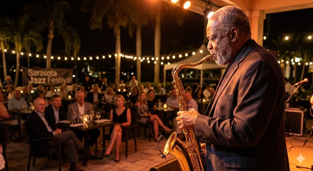 Saxophone player on an outdoor stage at night during the Sarasota Jazz Festival.