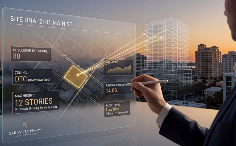 A man in a suit uses a stylus on a transparent holographic dashboard showing real estate data, including 'Site DNA: 2101 Main St', 'Zoning: DTC', and 'Max Height: 12 Stories'. The dashboard overlooks the Sarasota skyline at sunset with a wireframe model of a projected high-rise. The Sarasota Perry Luxury Real Estate logo is in the bottom left.