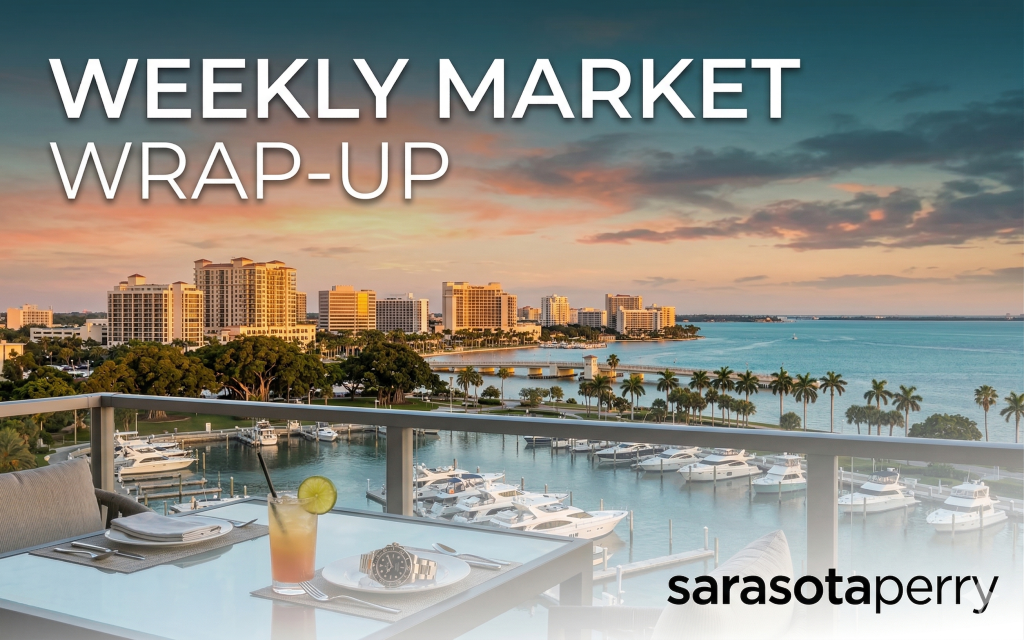 A view from a balcony overlooking a marina and a city skyline at sunset, with text reading "WEEKLY MARKET WRAP-UP" and a logo reading "sarasotaperry".