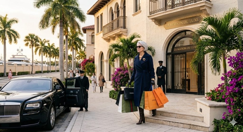 A wealthy woman carrying luxury shopping bags out of a Mediterranean-style boutique in a tropical, Sarasota-inspired setting.