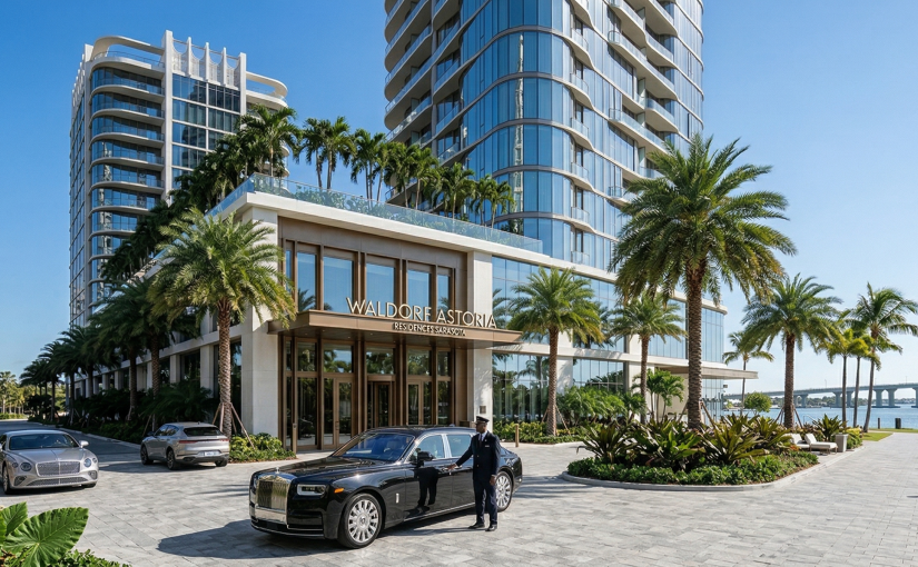 Exterior of the Waldorf Astoria Residences Sarasota waterfront development with a uniformed valet attending to a black Rolls-Royce Phantom in a paved motor court. Signage for 'WALDORF ASTORIA RESIDENCES SARASOTA' is prominent on the modern glass building. In the background are palm trees, yachts at a marina, and a causeway bridge over open water.