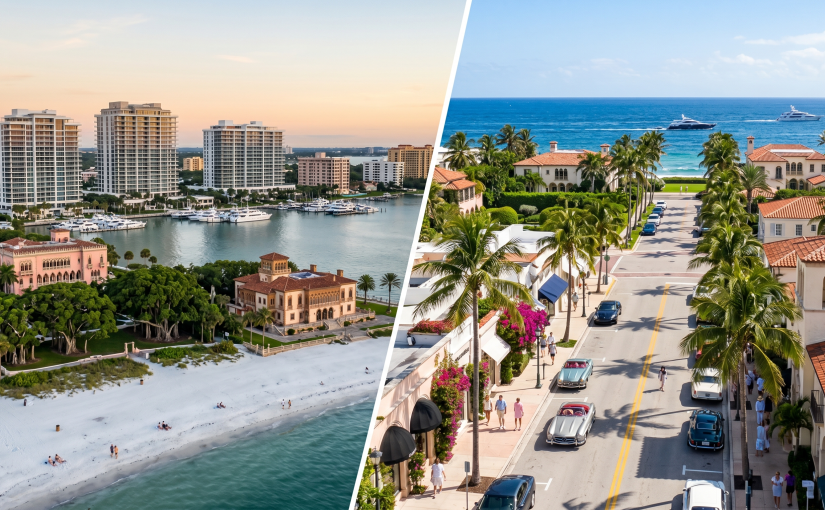 A split-screen diptych photograph, divided by a diagonal line from top-left to bottom-right, contrasts the lifestyles of Sarasota and Palm Beach. The left side (Sarasota) shows a sophisticated, golden hour bayfront scene from an elevated view, featuring a banyan grove next to a white sand beach, grand historical mansions, and modern high-rise condominiums overlooking a marina filled with yachts. The right side (Palm Beach) is a vibrant, eye-level daylight street scene with classic luxury convertibles driving down a road lined with palm trees and Mediterranean-style shops, leading to large oceanfront estates and a clear blue sea with a yacht.