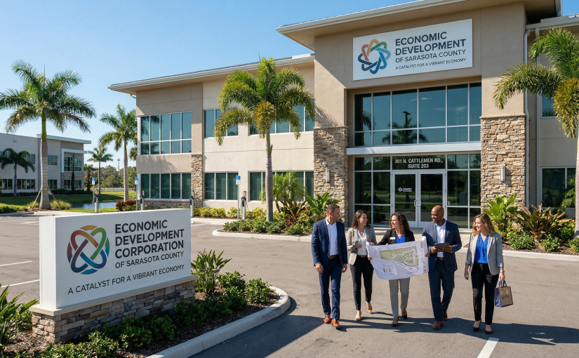 A photograph of five diverse business professionals walking outside the Economic Development Corporation of Sarasota County office building in a sunny, tropical-style office park. A large ground sign and a building sign both clearly display the text 'ECONOMIC DEVELOPMENT CORPORATION OF SARASOTA COUNTY' and the tagline 'A CATALYST FOR A VIBRANT ECONOMY', alongside a colorful interlocking geometric logo.