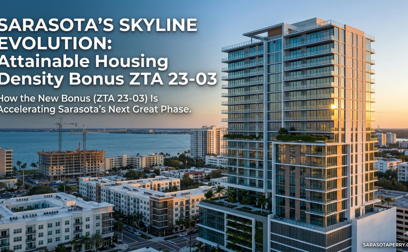 Modern architectural rendering of Sarasota's skyline at sunset, showing increased vertical density and new high-rise condominium towers in the Downtown Core and Rosemary District, highlighting the impact of ZTA 23-03.