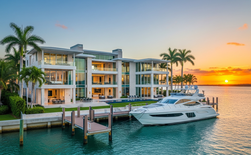 A sprawling three-story contemporary waterfront mansion in Sarasota at sunset, featuring expansive glass walls, a private wooden dock with a large white motor yacht, and palm trees overlooking the turquoise waters of the bay.