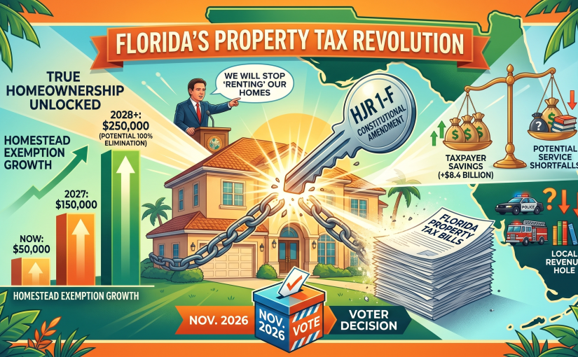 A sunny, modern suburban home in Florida surrounded by lush green palm trees under a bright blue sky. An editorial graphic overlay features a property tax document with a downward-trending arrow and a stamp that reads "EXEMPT," symbolizing the legislative push to eliminate homestead property taxes for Florida residents.