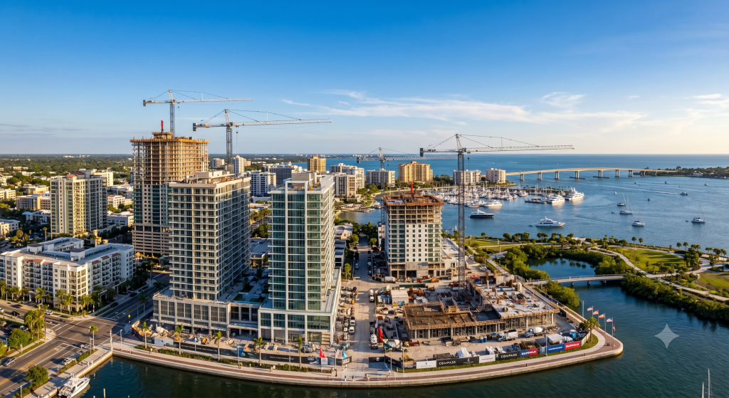 Downtown Sarasota skyline in Q2 2026 during the 'Verification Phase' of new construction, showing active cranes on luxury condominium towers along the bayfront and the 53-acre The Bay park under development.
