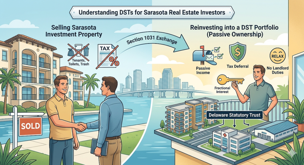 A detailed, split-screen educational infographic designed for Sarasota real estate investors, with a clear blue sky background featuring a coastal city skyline and bridge. The overall composition is titled by a central banner at the top: 'Understanding DSTs for Sarasota Real Estate Investors'.
The graphic is split into a left and right panel, connected by a prominent, arched central blue arrow with dollar signs, labeled 'Section 1031 Exchange'.