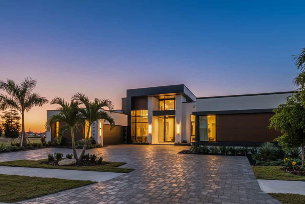 Modern house with a paved driveway and palm trees at sunset.
